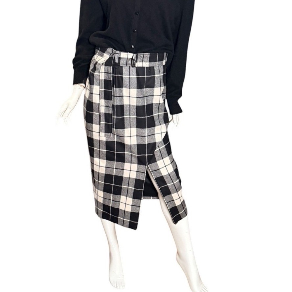 Max Mara Black White Plaid Wool Midi Skirt Italian Made Zip Slit Size 10 44